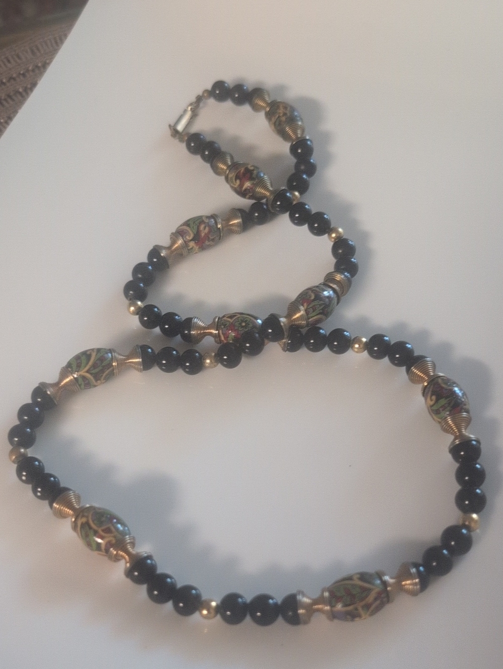 VTG 70's Opera Length French Jet Glass And Cloisonne Bead Necklace